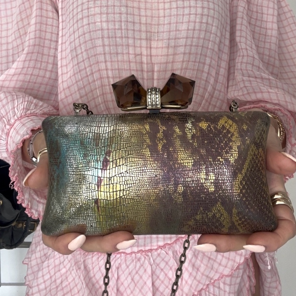 Mint condition Judith Leiber Overture  Iridescent Gold Clutch w Gemstone Clasp